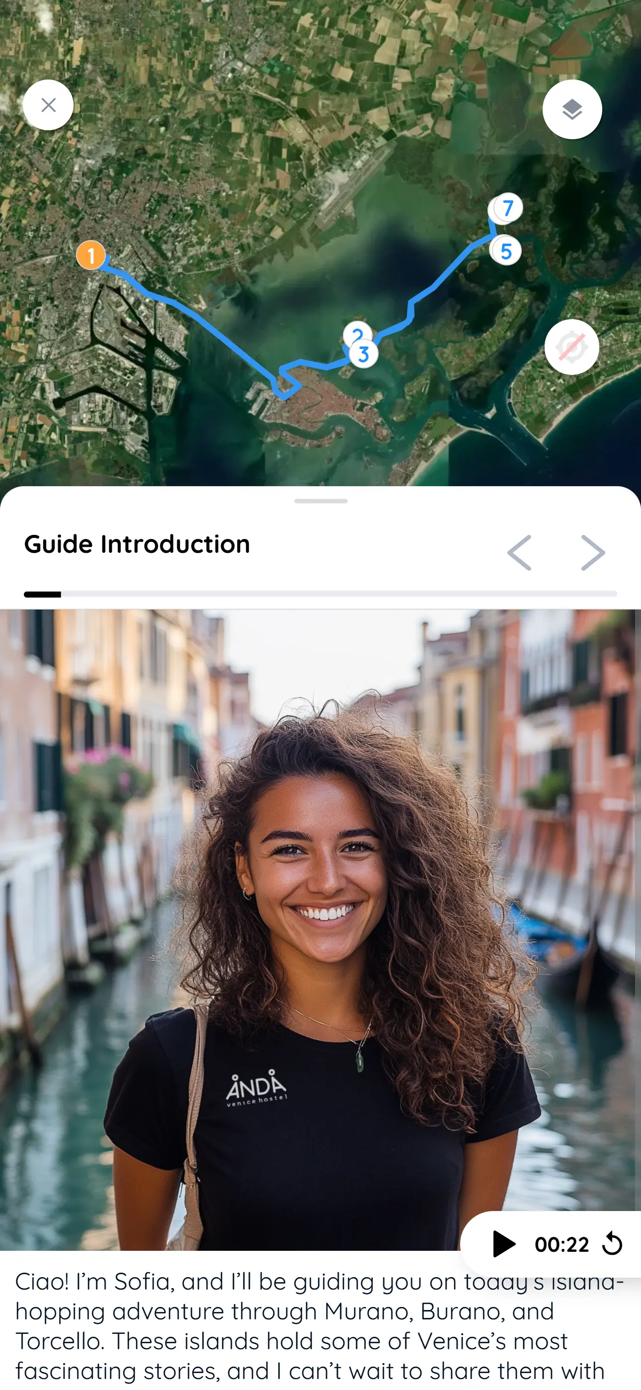 A FreeGuides tour in Venice: route map with numbered stops above a guide introduction