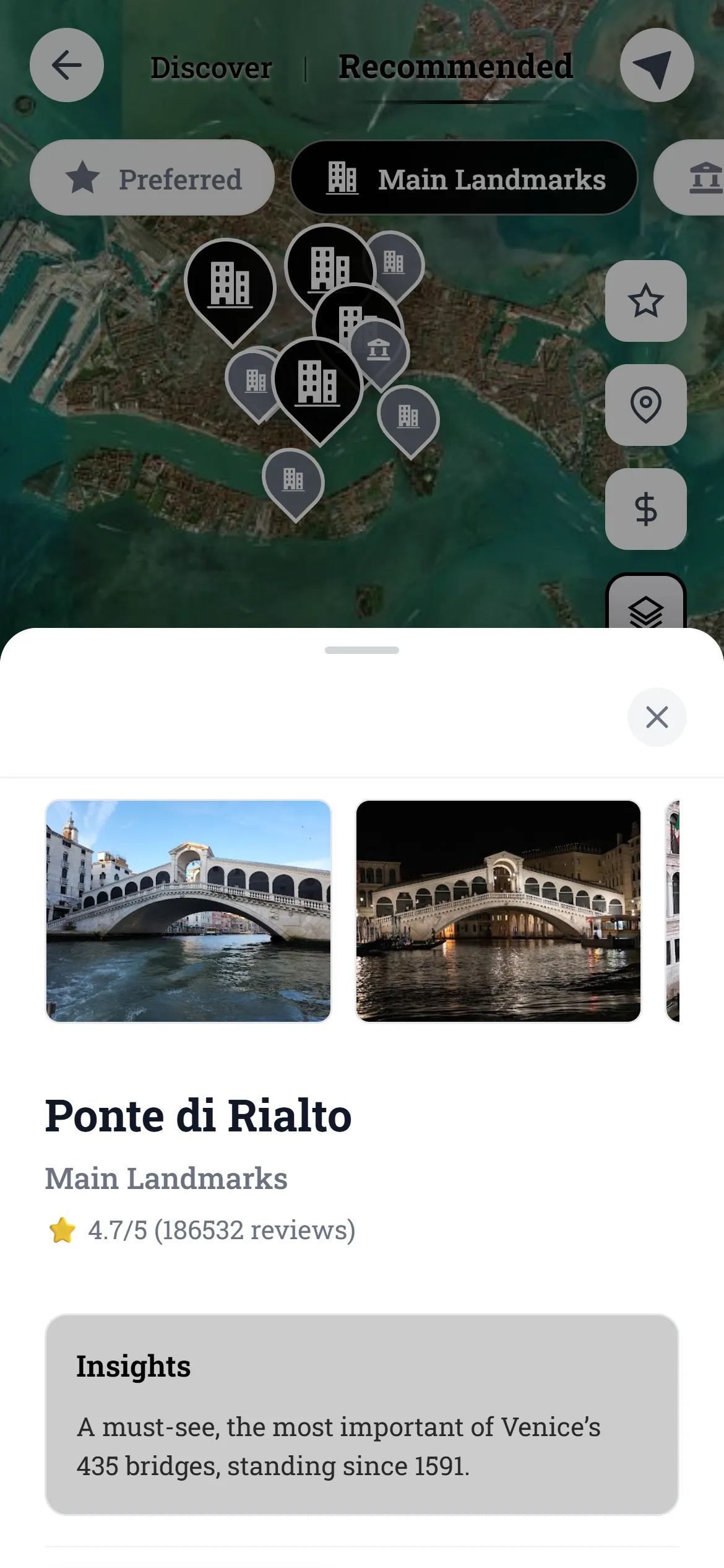 The FreeGuides tour player showing a map of Venice with landmark pins and a place card for the Rialto Bridge